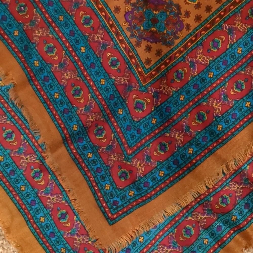 Vintage Women's Paisley Scarf W/ Fringe Edges Brown Teal Old Money Preppy